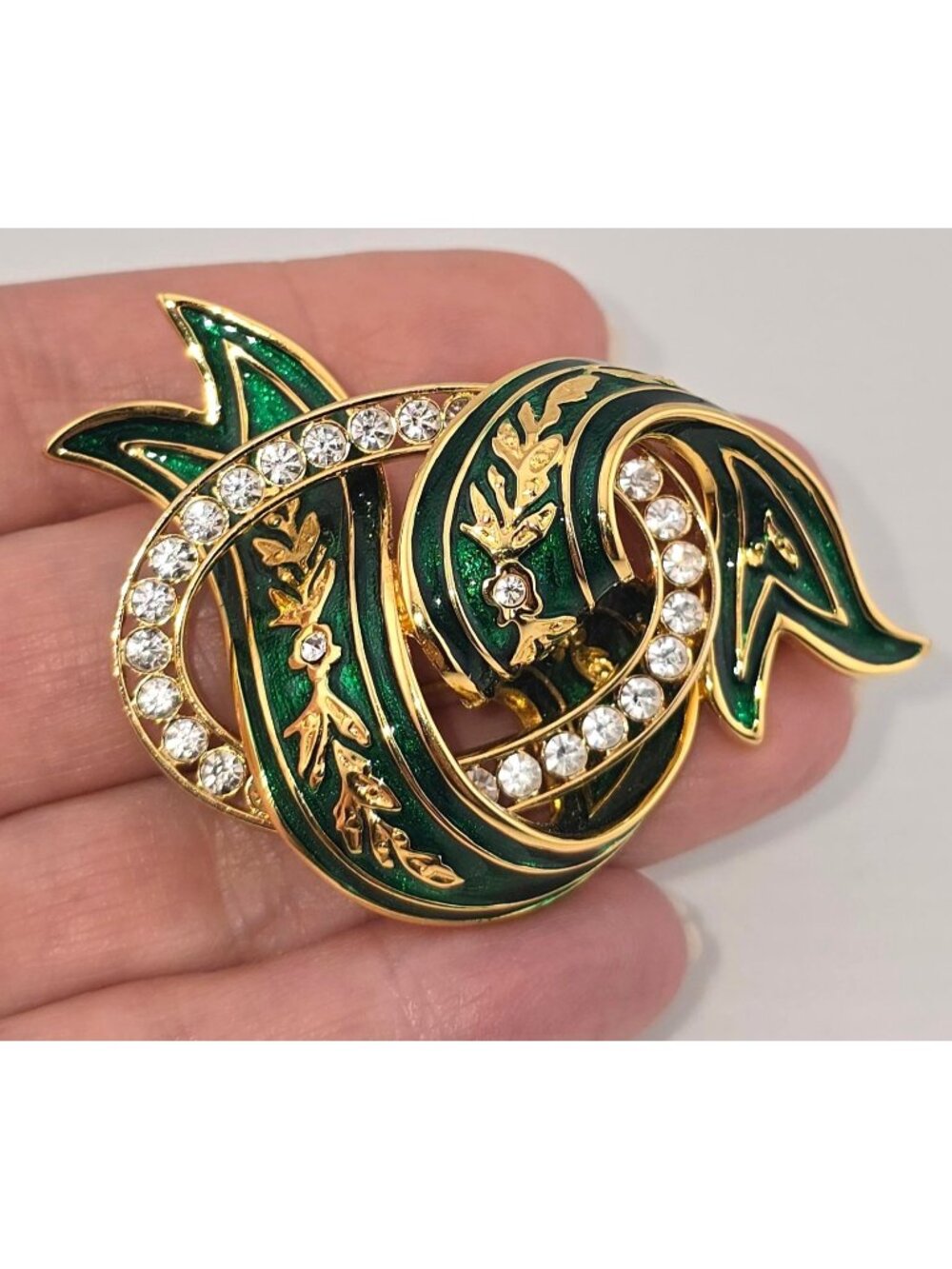 Vintage Joan Rivers Green Enamel Gold Tone Brooch Rhinestones